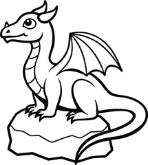 Obraz premium Fantasy Line Art of Cute Dragon Sitting on a Stone for Coloring Designs