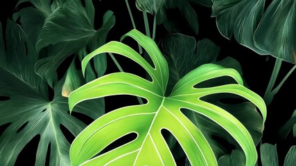 Elegant dark botanical design featuring large green Monstera plant leaves and deep shadows creating a dramatic natural backdrop