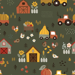 Seamless vector pattern in flat cartoon style. Playful farm scene with barn, shed, tractor, truck, pumpkins, flowers, ducks, and chickens on a dark green background. Perfect for kids&rsquo; design and decor