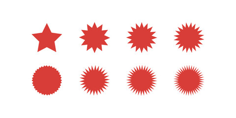 Set of red starburst, sunburst badges. Sunburst promotion tag, bursting sticker promo badges.  Design elements - best for sale sticker, price tag, quality mark.