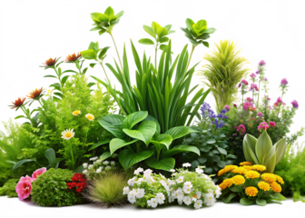 foreground of green plants and flowers isolated on white background,PNG