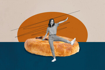 3D photo collage trend sketch template artwork of happy girl guy stand big size bread piece nutrition cuisine cook chef calories