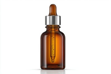 Elegant amber glass bottle with dropper, perfect for essential oils and serums, showcasing natural beauty and wellness products on a clean white background.