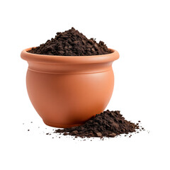 Terracotta pot filled with dark brown potting soil, isolated on black background.