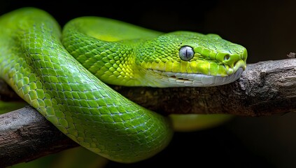 Fototapeta premium A green snake lying on a tree branc Close up of vibrant green snake coiled on tree branch