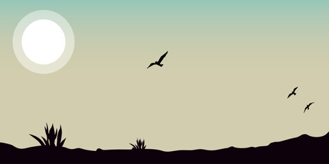 A minimalist landscape with silhouettes of grass and hills in the background, a white sun in the sky, and several flying birds. The scene has a calm and simple mood.