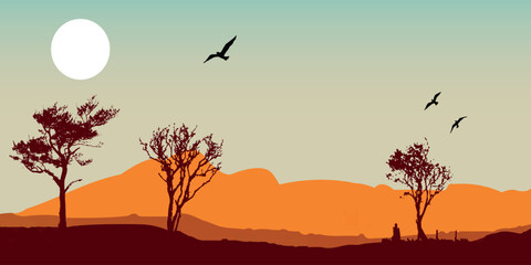 a minimalist landscape with silhouettes of trees against orange hills, white sun in the sky and several flying birds.