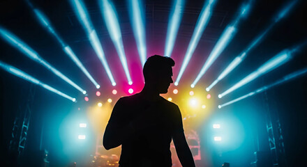 Silhouette of a man standing before a brightly lit stage, creating a dramatic contrast against the vibrant lights, Generative AI.