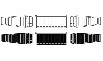 Obraz premium Shipping cargo container silhouette set. thin line outline with side view and solid fill. Perfect for logistics, logo,symbol,delivery, industrial, transport icons. Vector illustration for design use