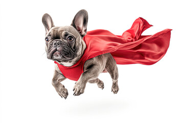 A French Bulldog wearing a red superhero cape leaps through the air against a white background.