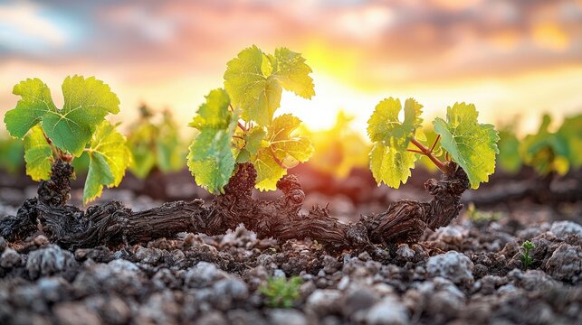 Young grape vines growing in a vineyard during a sunset