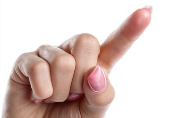 Close-up of a female hand with pale pink nails, pointing upward, isolated on a white background. Showing the soft skin and detailed texture of the hand and fingers.