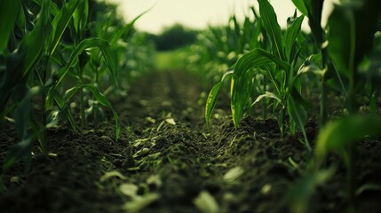 Lush Green Corn Rows in a Vibrant Field: Capturing Nature's Growth in Spring Agriculture