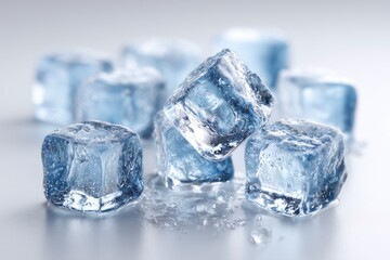 Obraz premium Macro shot of a pile of translucent blue ice cubes glistening with water droplets, creating a refreshing and cooling ambiance, perfect for beverage concepts.