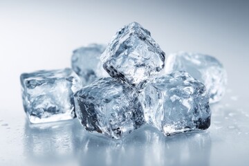 Close up studio shot of ice cubes reflecting light on wet surface, creating a refreshing and cool abstract texture, ideal for summer drinks and beverages.