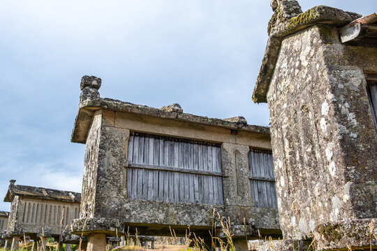 View of the granaries called espigueiros in the historic village of Lindoso, Portugal.