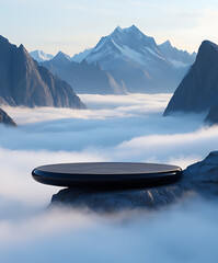 Black Device Amidst Foggy Mountains, Futuristic Product Podium