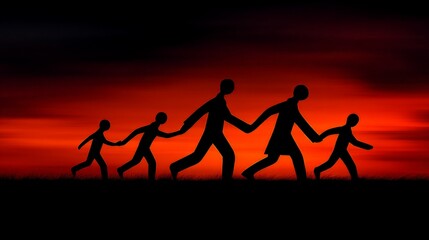 Fototapeta premium Silhouettes of a family holding hands against a vibrant sunset sky