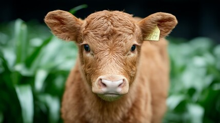 Close-up of a young brown calf with a yellow ear tag in a green pasture