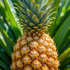 Fototapeta premium Close-up of Ripe Pineapple with Green Leaves in Natural Sunlight