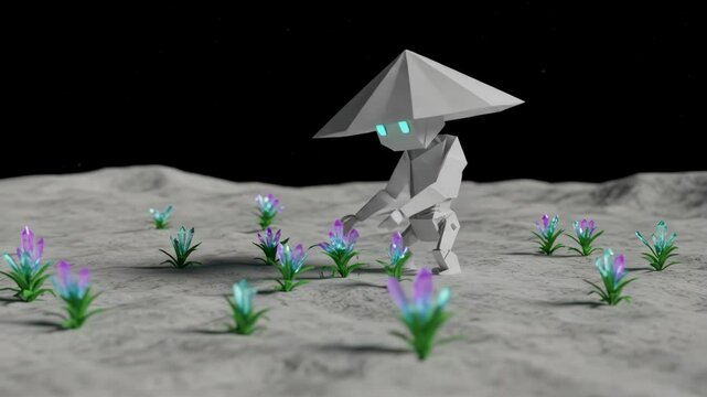 Abstract robot character on lunar landscape illustration