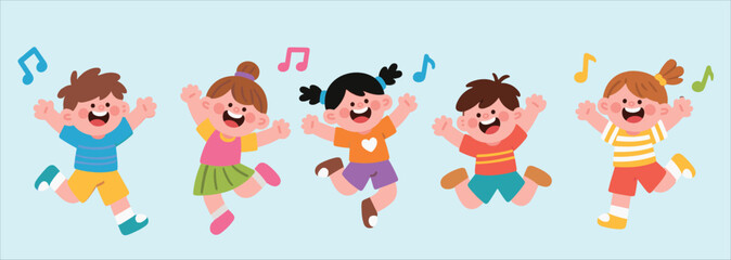 Happy kids dancing and jumping with music notes around, joyful children having fun in colorful casual clothes, playful cartoon vector illustration