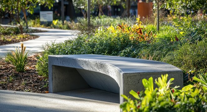 Stylish Corner Bench Seating in Urban Oasis: Precast Concrete Design with Vibrant Garden Backdrop, Homebush, Sydney