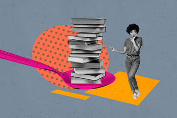 Pop art full zine photo collage of happy girl guy stand library academic book stack education learner vocabulary encyclopedia spoon