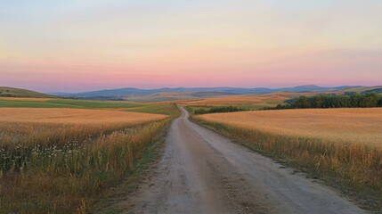 Tranquil Sunset Drive: Serene Asphalt Road Through Golden Fields Under a Vibrant Sky