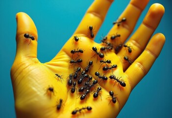 Numerous black ants crawling and scattering across a human hand