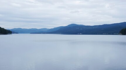 Fototapeta premium Wide calm lake with layered mountains under a cloudy sky