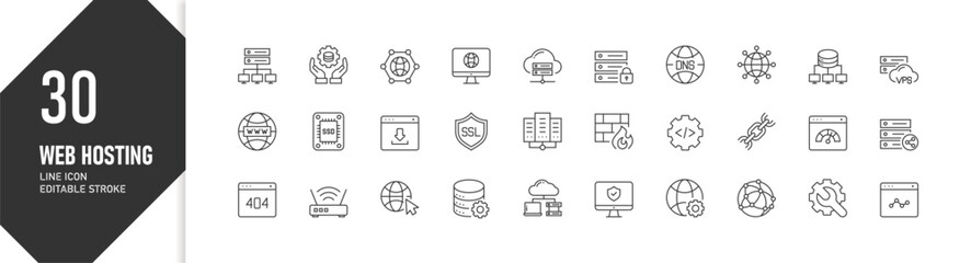 30 Web hosting icon set in minimal editable stroke line style for UI/UX dashboard and development, icon vector illustration