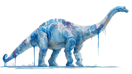 A solitary watercolor Brachiosaurus with wave patterns on its neck