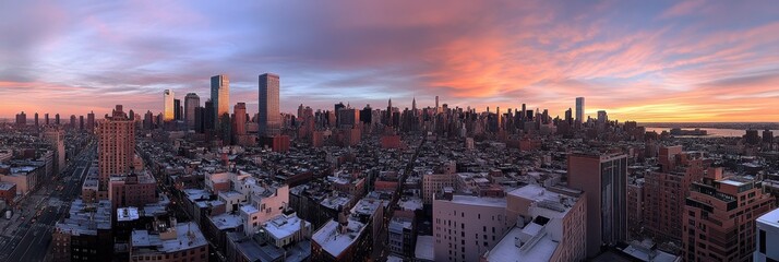 Fototapeta premium Sunset Aerial View of Downtown Manhattan Skyline Over Tribeca, Highlighting Iconic Towers and Urban Landscape