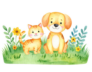Cartoon watercolor illustration of cat and dog. Animal clipart illustration.