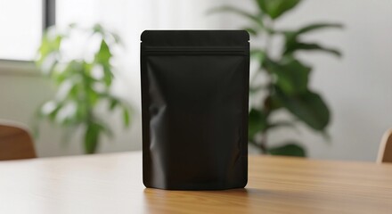 Black Stand-Up Pouch Mockup on Wooden Table