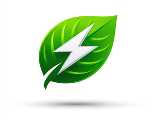 Green leaf with white lightning bolt symbolizing clean energy and sustainability concept on white background