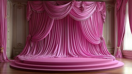 Lavish pink stage with opulent curtains in a luxurious room