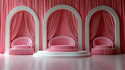 Pink ornate stage setting with elegant arches and chairs