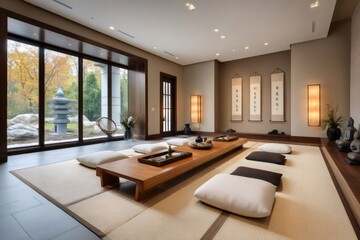 Modern tea room with tatami mats and cushions overlooking a zen garden