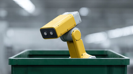 Yellow robotic arm in green container in factory with blurred background, showing modern industrial automation technology
