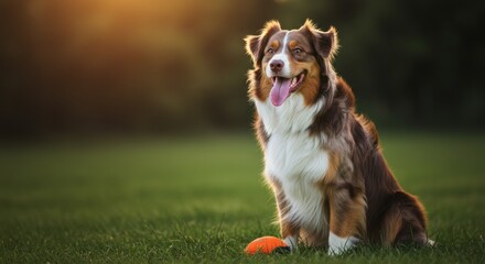 Happy Australian Shepherd dog sitting on green grass with an orange toy during golden hour