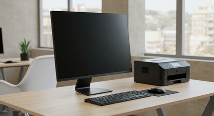 Fototapeta premium Office Devices on Desk with Computer and Printer