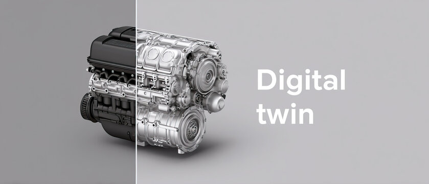 Digital twin concept showing mechanical engine model split open with detailed digital rendering on gray background
