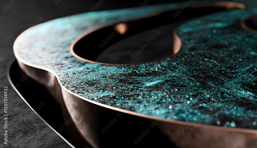 Fototapete a close-up of the metallic surface, featuring smooth curves and reflections in dark brown and teal c