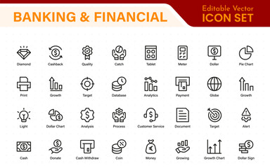 Banking and Financial Solutions Icons. A Professional Set for Financial Services, Banking Interfaces, Investment Tracking, Economic Planning, and Budgeting