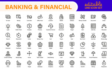 Banking and Financial Solutions Icons. A Professional Set for Financial Services, Banking Interfaces, Investment Tracking, Economic Planning, and Budgeting