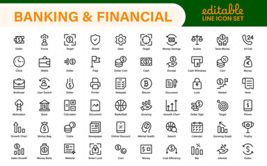Banking and Financial Solutions Icons. A Professional Set for Financial Services, Banking Interfaces, Investment Tracking, Economic Planning, and Budgeting