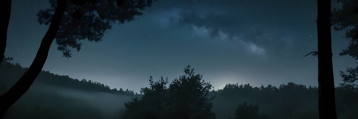 Fototapeta premium Mysterious Night Nature Scene with Moonlight, Mist, Stars, Forest Atmosphere, Cinematic Mood, Realistic Landscape Art