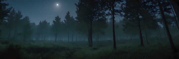 Fototapeta premium Mysterious Night Nature Scene with Moonlight, Mist, Stars, Forest Atmosphere, Cinematic Mood, Realistic Landscape Art